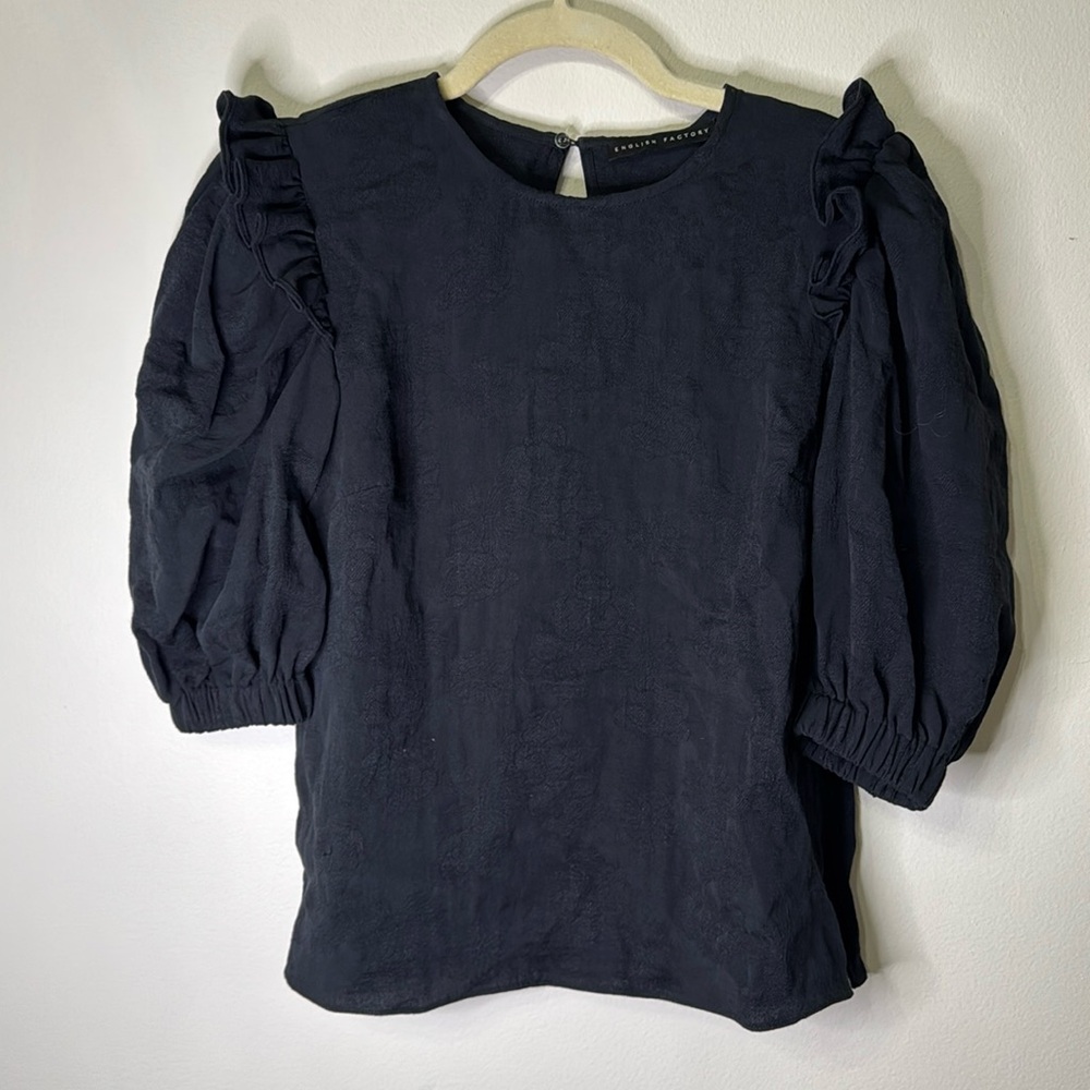 English Factory Floral Imprint Ruffle Shoulder Shirt